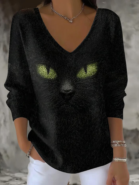 Damski Vintage Czarny Kot Komfort Casual Top