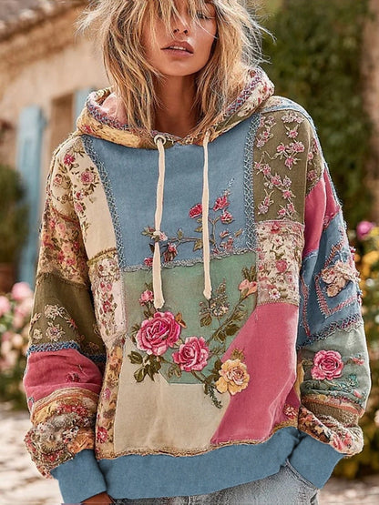 Damska bluza z kapturem w stylu vintage w kwiatowy wzór Comfort