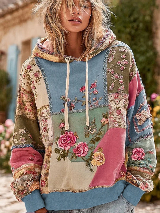 Damska bluza z kapturem w stylu vintage w kwiatowy wzór Comfort
