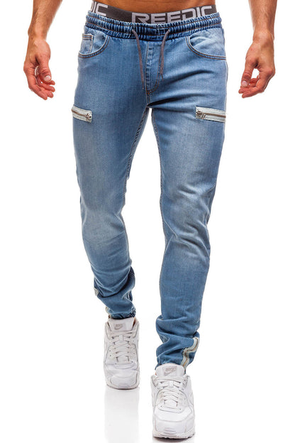 Męska moda sportowa Dżinsowe matowe szyby z zamkiem błyskawicznym Elastyczne dżinsy ze sznurkiem na co dzień