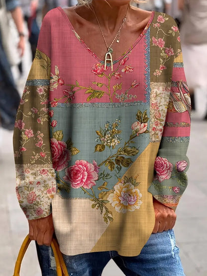 Damski top Comfort z kwiatowym nadrukiem w stylu vintage