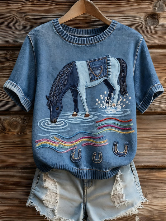 Damski artystyczny nadruk zwierzęcy wygodny top z dzianiny z krótkim rękawem