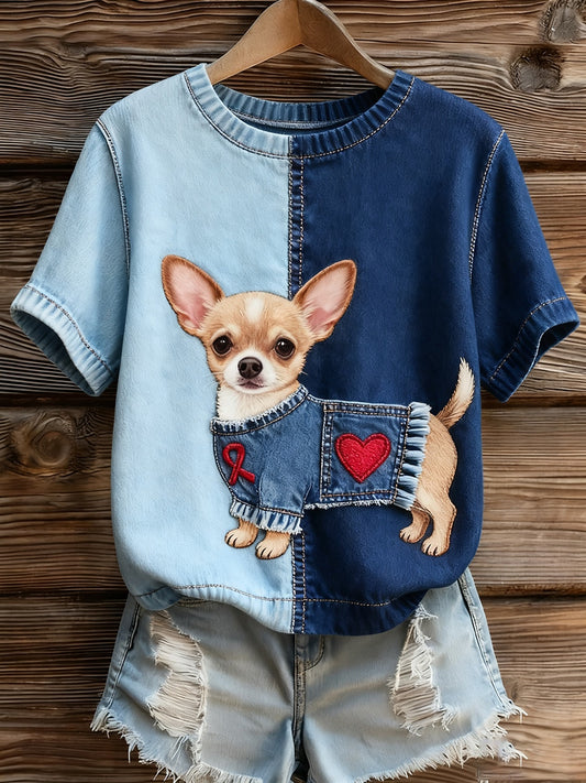 Damski artystyczny nadruk zwierzęcy wygodny top z dzianiny z krótkim rękawem