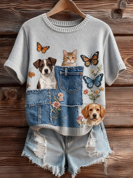 Damski artystyczny nadruk zwierzęcy wygodny top z dzianiny z krótkim rękawem