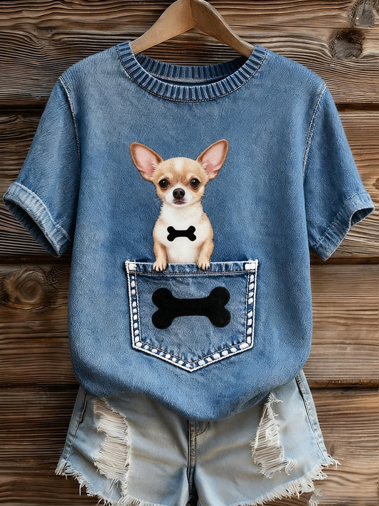 Damski artystyczny nadruk zwierzęcy wygodny top z dzianiny z krótkim rękawem