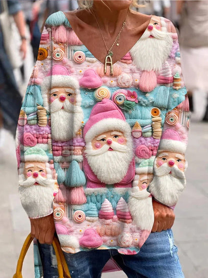 Retro Świąteczna zabawa i urocza drukowana modna załoga dekolt