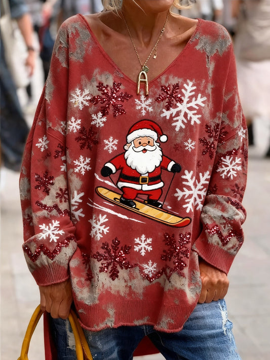 Damski Vintage Christmas Art Print Przytulny top z dzianiny