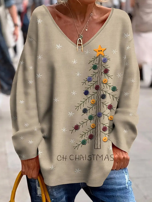 Damski Vintage Christmas Art Print Przytulny top z dzianiny