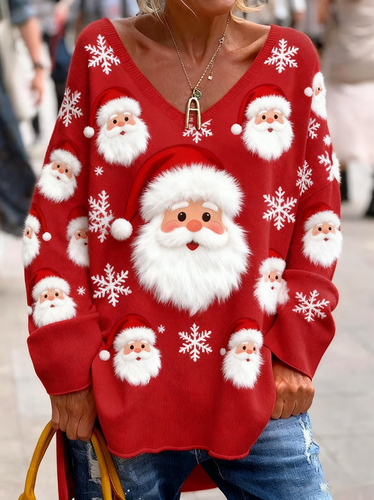 Damski Vintage Christmas Art Print Przytulny top z dzianiny