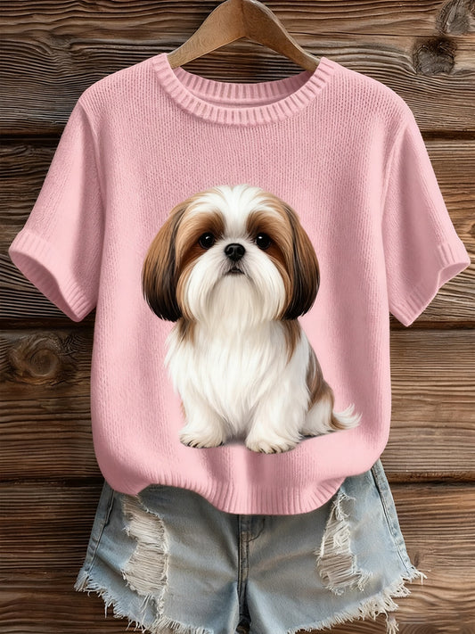 Damski artystyczny nadruk zwierzęcy wygodny top z dzianiny z krótkim rękawem