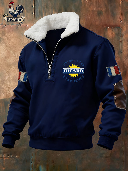 Męska francuska flaga w stylu vintage Ricard na co dzień z futrzany kołnierzykiem