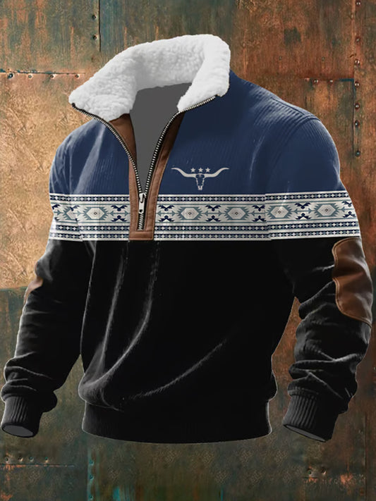 Męska koszulka z futrzaną bluzą w stylu retro z nadrukiem Western Art Print【✨podszewka polarowa tylko przy kołnierzu】