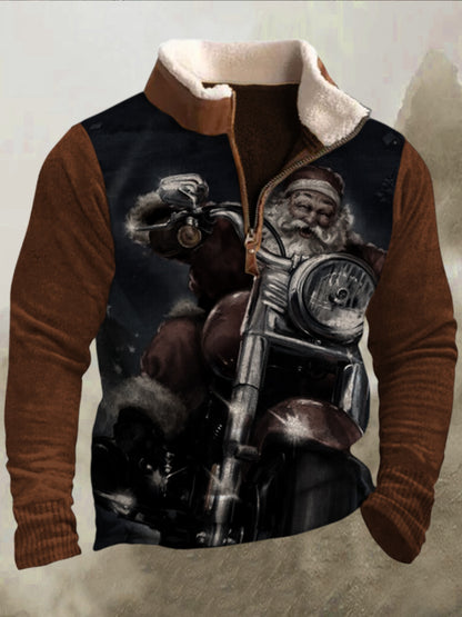 Męska zabawna bluza z motywem Santa Art 3D w kolorze retro futrzany kołnierz z zamkiem błyskawicznym