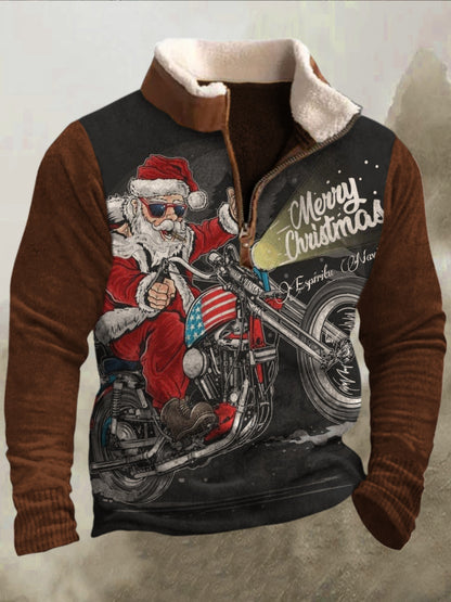 Męska zabawna świąteczna koszulka motocyklowa Santa Art 3D z nadrukiem retro futrzany kołnierz z zamkiem błyskawicznym na świeżym powietrzu