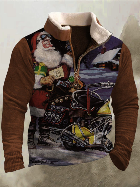 Męski Vintage Motocykl Santa Illustration Art 3D Print Retro Futro Kołnierz Suwak Flush Outdoor Bluza