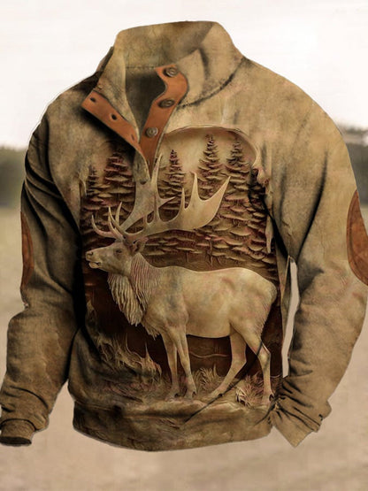 Męski Western Vintage Elk Relief Trójwymiarowy Nadruk Stand Collar Suwak Flush Outdoor Bluza
