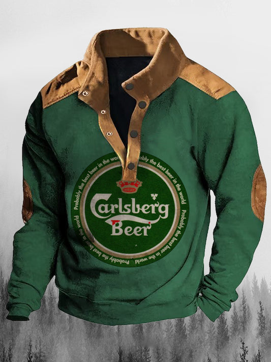 Carlsberg Beer Spirits Culture Printed Lapel Stand Collar Klapka Guzik Luźna luźna bluza