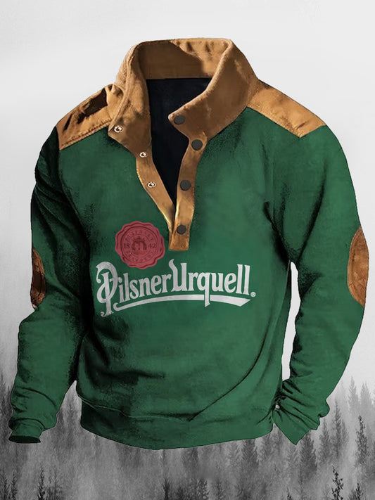 Piwo Spirits Kultura Wydrukowana Klapa Stojąca Kołnierz Klapa Guzik Swobodna Luźna Bluza