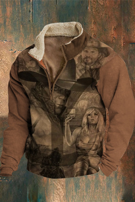 Męskie futrzane kołnierzyki zamek błyskawiczny retro klasyczny zachodni kowboj 3D nadruk bluza plenerowa