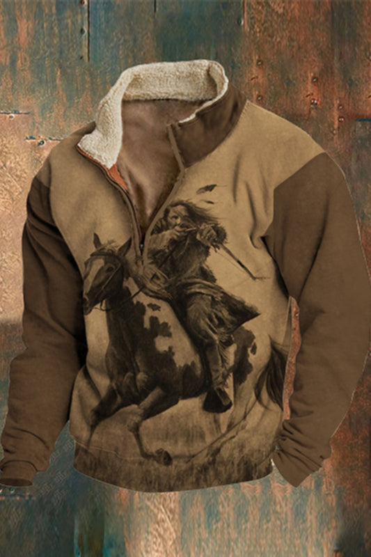 Męskie futrzane kołnierzyki Zipper War Horse Western Cowboys 3D wydruk gruba bluza outdoor