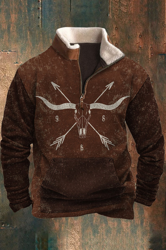 Męski Vintage Zachodni Styl Kompas Artystyczny Wzór 3D Futro Kołnierz Suwak Flush Outdoor Bluza