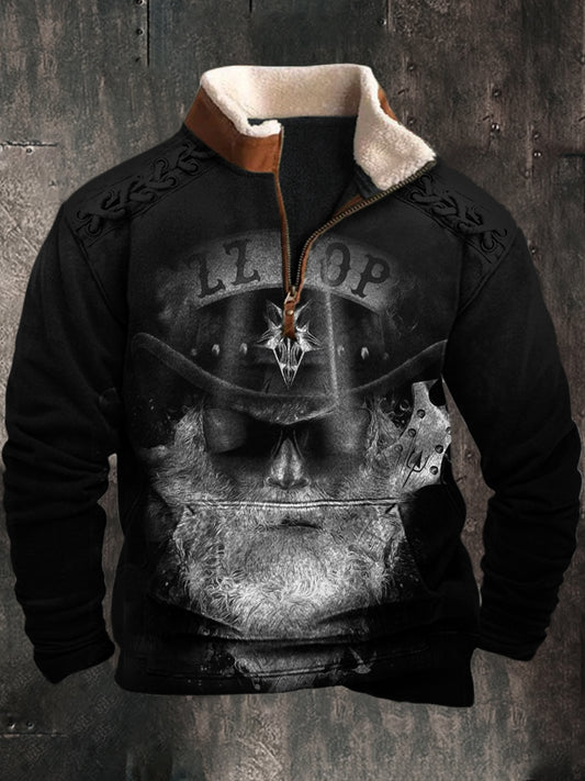 Męskie Vintage Santa Claus Portrait Art 3D Print Retro Futro Kołnierz Suwak Flush Outdoor Bluza