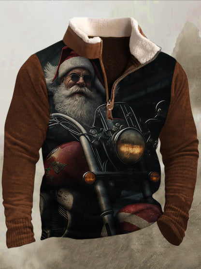 Męski Vintage Motocykl Santa Art 3D Print Retro Futro Kołnierz Suwak Flush Outdoor Bluza