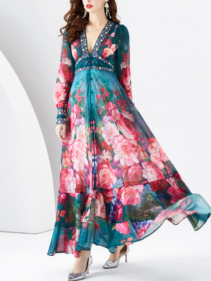 Elegancka szyfonowa szyfonowa sukienka z długim rękawem z nadrukiem w kształcie litery V