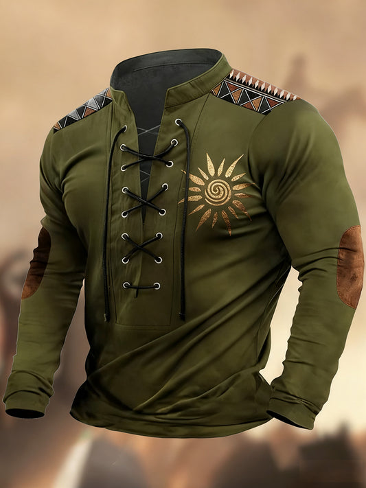 Vintage Western Art Print Koszula z długim rękawem w stylu wiejskim z dekoltem w szpic Henley