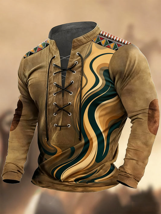 Vintage Western Art Print Koszula z długim rękawem w stylu wiejskim z dekoltem w szpic Henley