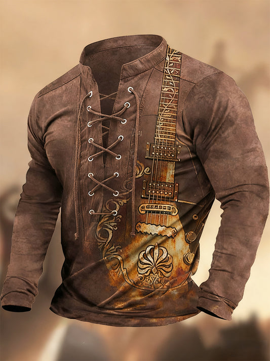 Vintage Western Art Print Koszula z długim rękawem w stylu wiejskim z dekoltem w szpic Henley