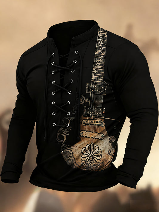 Vintage Western Art Print Koszula z długim rękawem w stylu wiejskim z dekoltem w szpic Henley