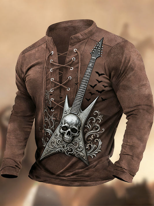 Vintage Western Art Print Koszula z długim rękawem w stylu wiejskim z dekoltem w szpic Henley