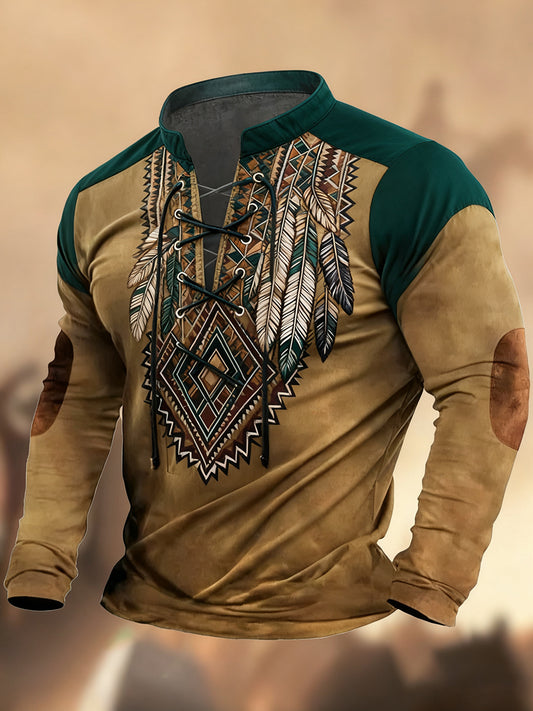 Vintage Western Art Print Koszula z długim rękawem w stylu wiejskim z dekoltem w szpic Henley