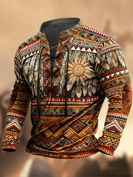 Vintage Western Art Print Koszula z długim rękawem w stylu wiejskim z dekoltem w szpic Henley