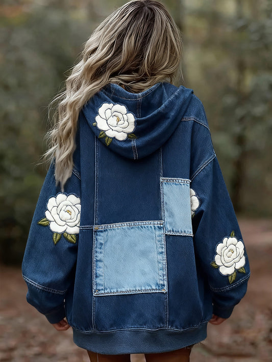 Damska wygodna bluza z kapturem w stylu vintage w kwiatowy wzór patchwork