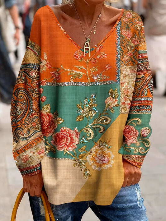 Retro Bohemian kwiatowy print Vintage Casual Bawełna V Neck z długim rękawem T-Shirt