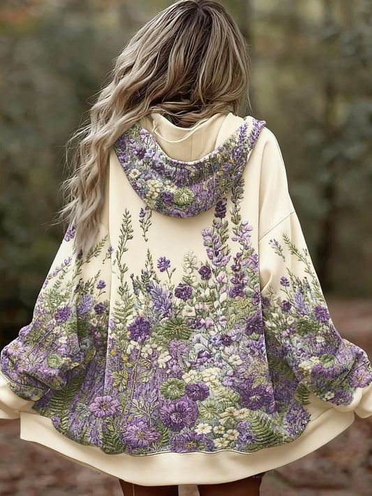 Damska wygodna bluza z kapturem w stylu vintage w kwiatowy wzór patchwork