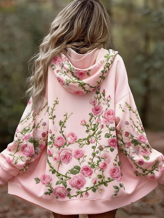 Damska wygodna bluza z kapturem w stylu vintage w kwiatowy wzór patchwork