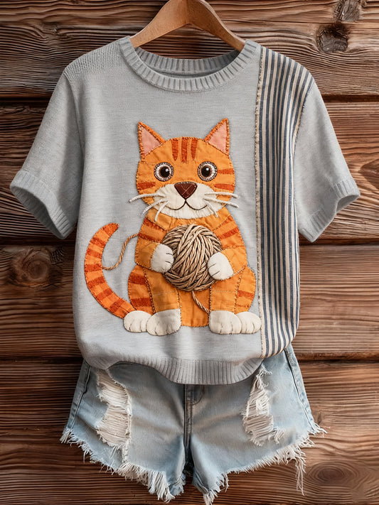 Damski artystyczny nadruk zwierzęcy wygodny top z dzianiny z krótkim rękawem