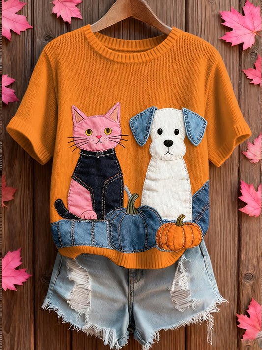 Damski artystyczny nadruk zwierzęcy wygodny top z dzianiny z krótkim rękawem