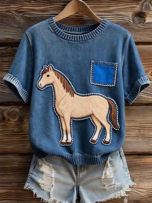 Damski artystyczny nadruk zwierzęcy wygodny top z dzianiny z krótkim rękawem