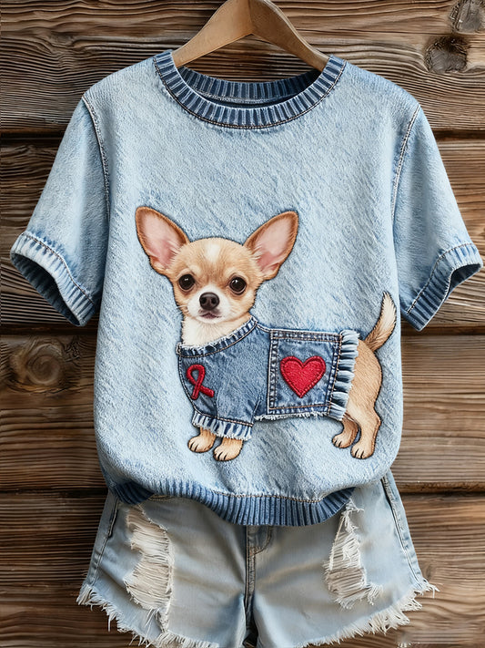 Damski artystyczny nadruk zwierzęcy wygodny top z dzianiny z krótkim rękawem