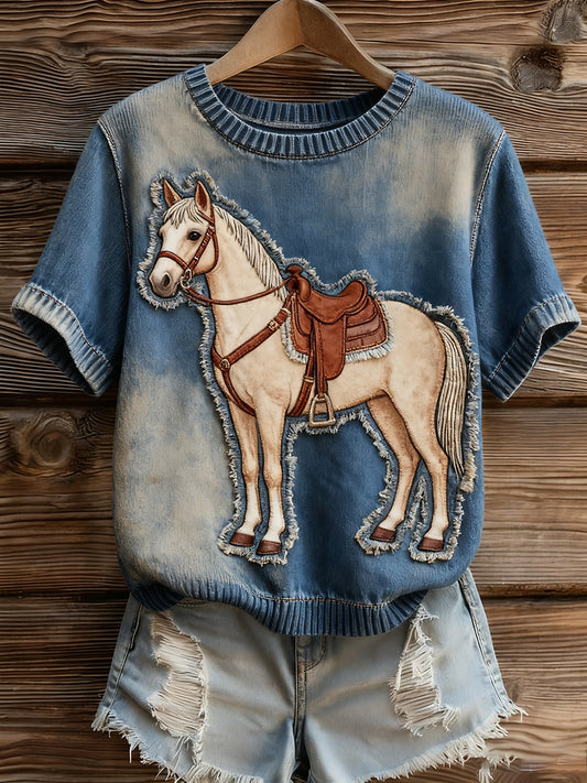 Damski artystyczny nadruk zwierzęcy wygodny top z dzianiny z krótkim rękawem