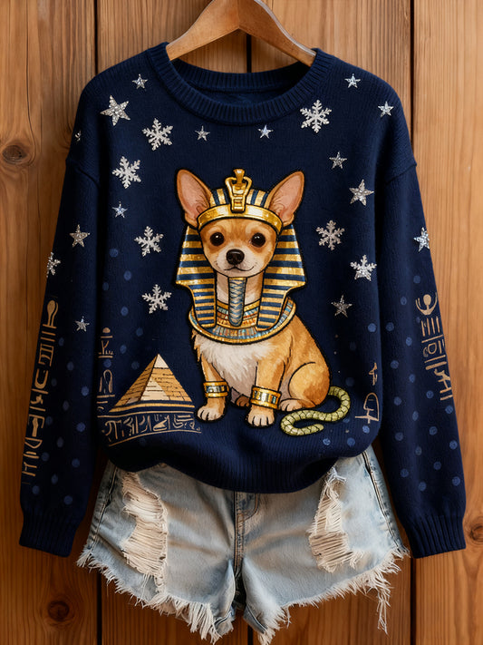 Damski Vintage Art Animal Print Przytulny sweter z dzianiny