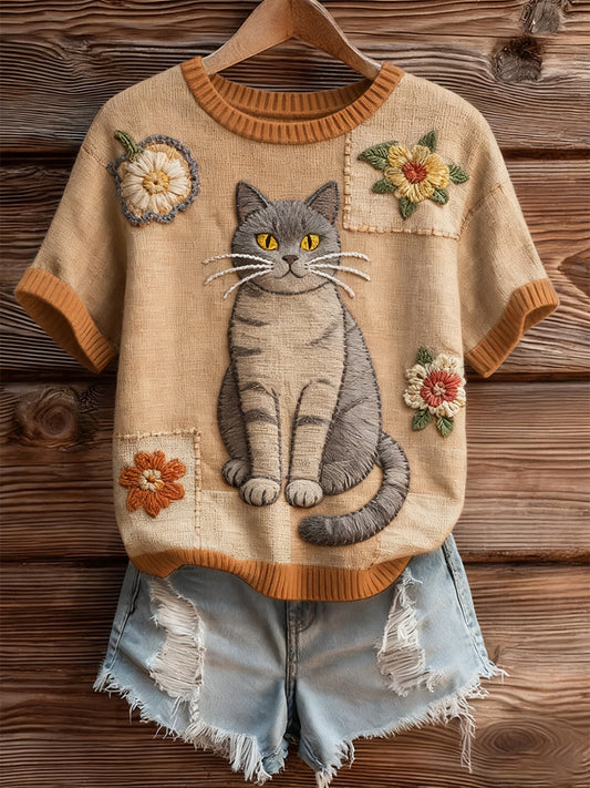 Damski artystyczny nadruk zwierzęcy wygodny top z dzianiny z krótkim rękawem