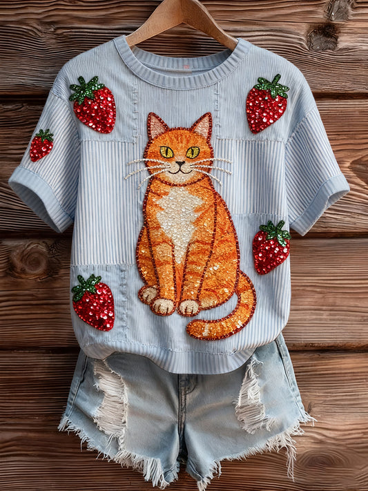 Damski artystyczny nadruk zwierzęcy wygodny top z dzianiny z krótkim rękawem