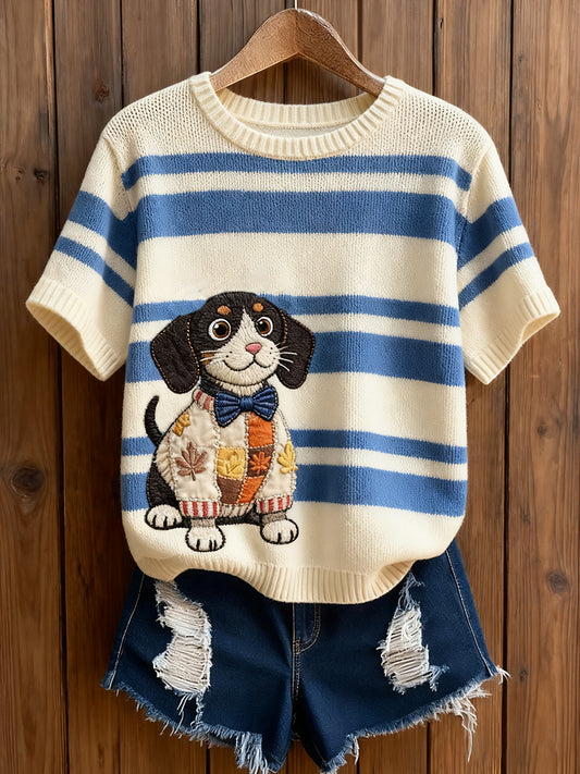 Damski artystyczny nadruk zwierzęcy wygodny top z dzianiny z krótkim rękawem