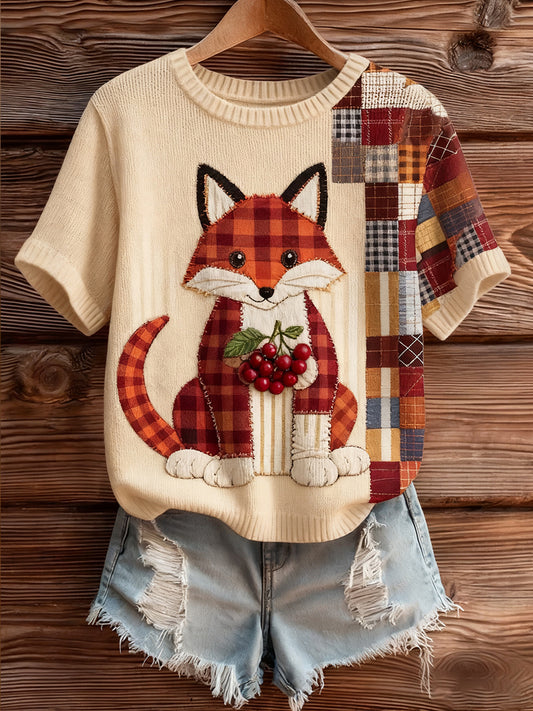 Damski artystyczny nadruk zwierzęcy wygodny top z dzianiny z krótkim rękawem