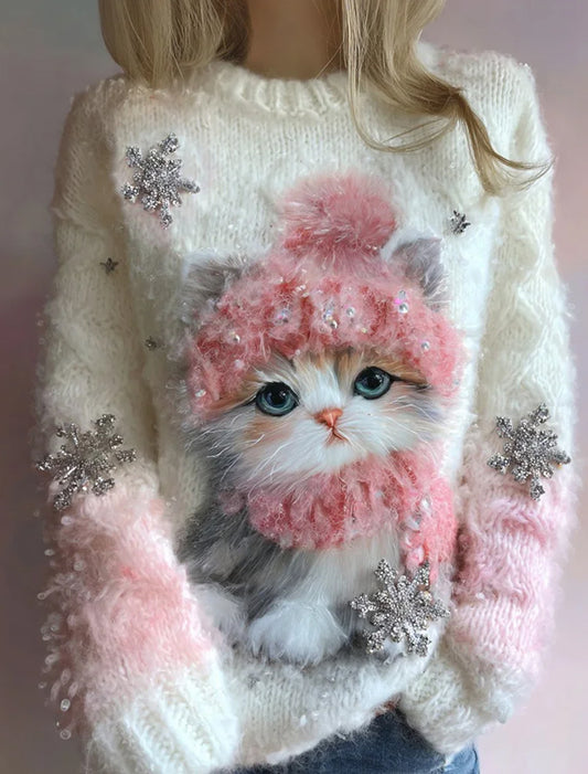 Damski Boże Narodzenie Vintage Art Print Przytulny sweter